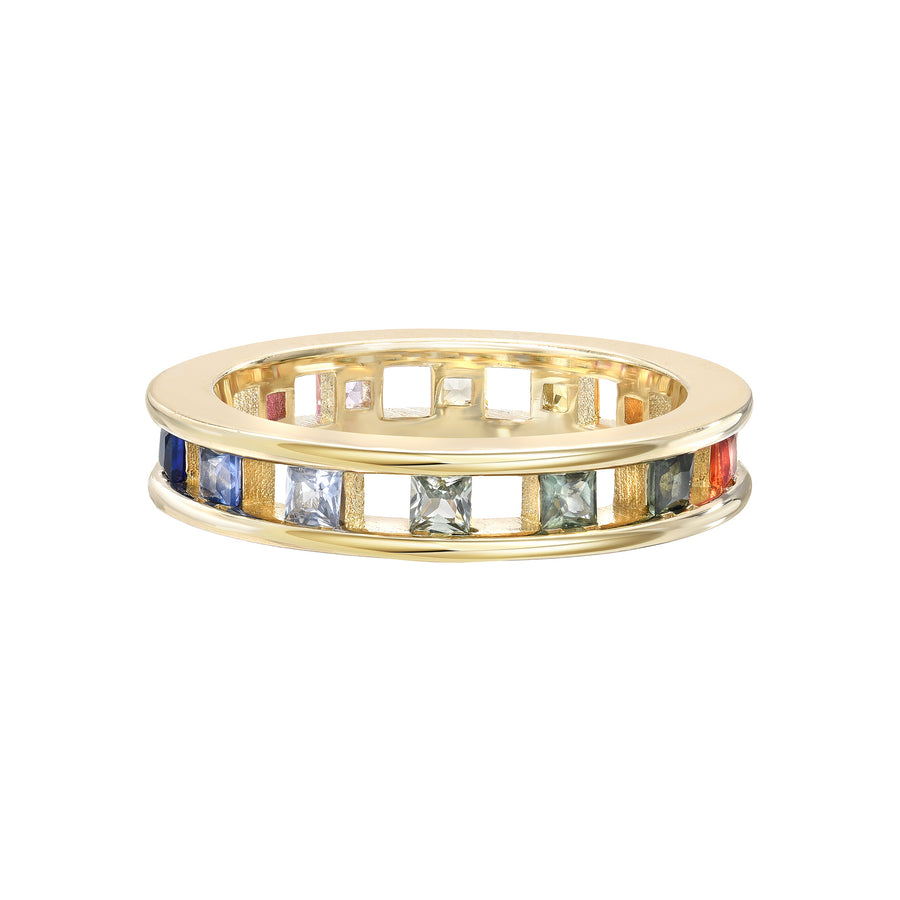 Tri Channel Princess Cut Ring Rainbow Sapphire